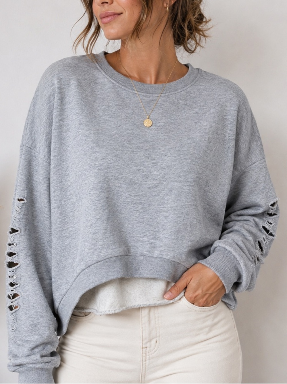 NUDE Grey Shredded Crop Sweatshirt Sz. M